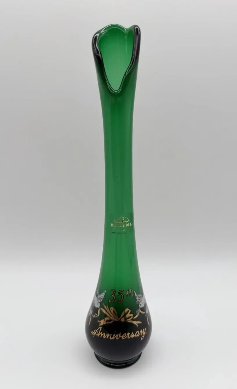 Viking Emerald Green Swung Glass Bud Vase 10.5” 35th Anniversary with Label MCM